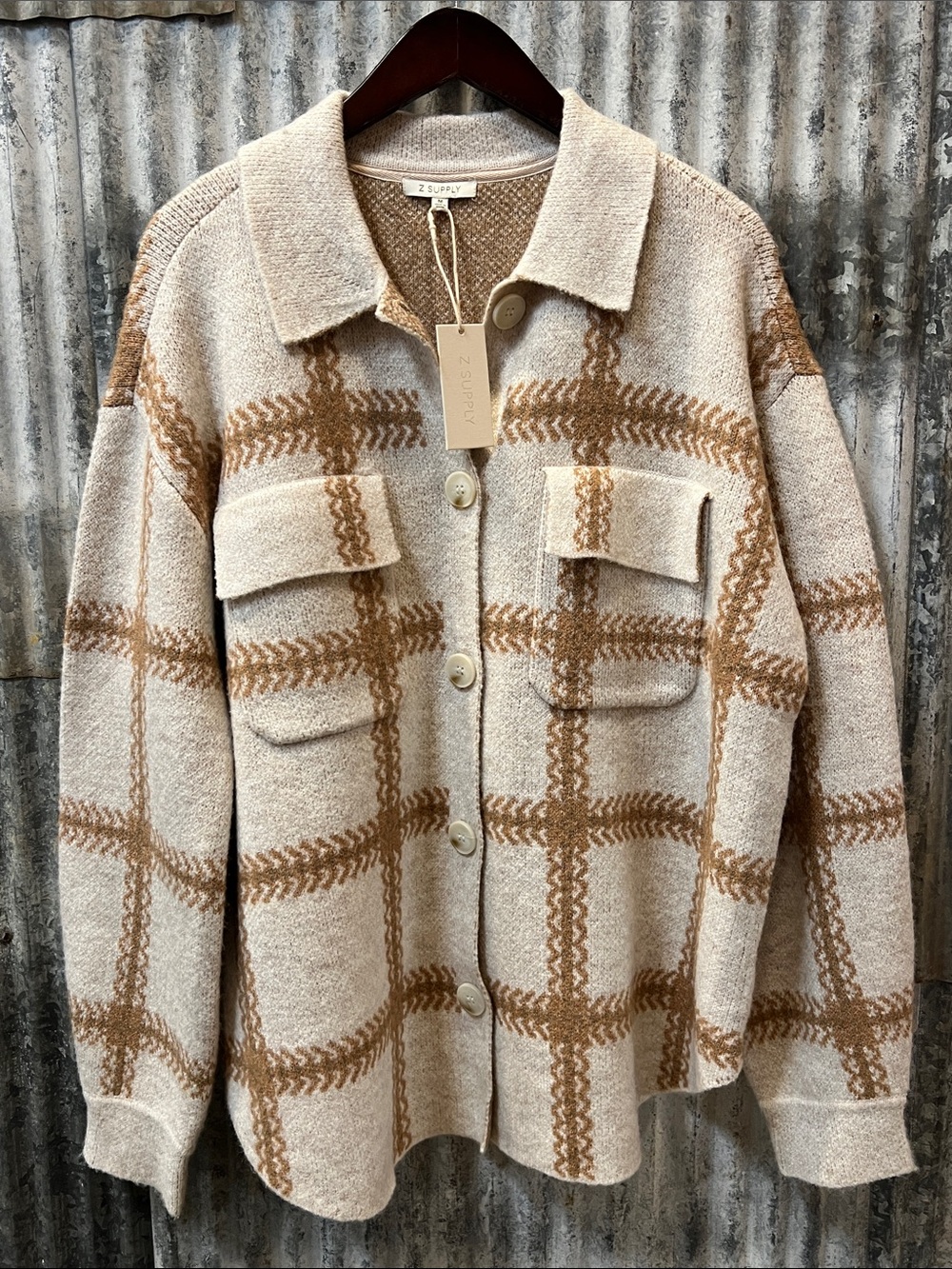 NWT Z Supply Tyler Cream and Tan Plaid Button-Front Shacket Sweater